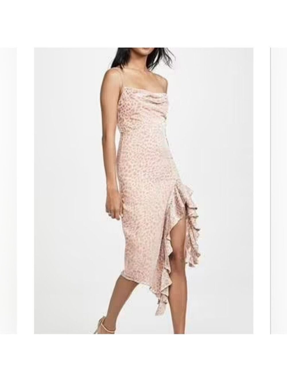 Misha Collection Emilia Midi Dress Blush Leopard Print Size 6 Devoré Ruffle